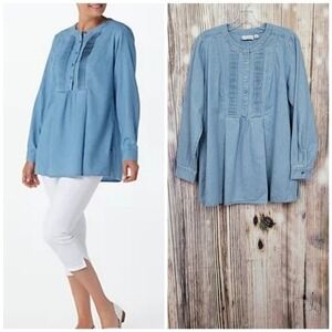 Joan Rivers Chambray Pintuck Denim Top Womens 18 Long Sleeve Western Cottagecore